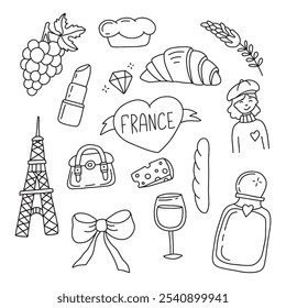 Set of France elements in doodle style. Vector isolated on white background