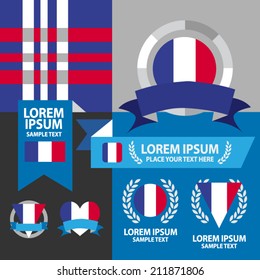 Set of France flag, emblem and pattern background. 