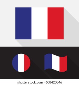 Set of France flag flat design, isolated symbol with long shadow, vector illustration