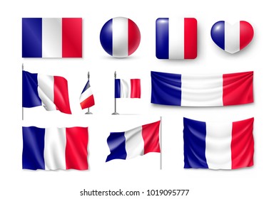 Set France flags, banners, banners, symbols, flat icon. Vector illustration of collection of national symbols on various objects and state signs