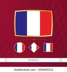 Set of France flags with gold frame for use at sporting events on a burgundy abstract background. Vector collection of flags.