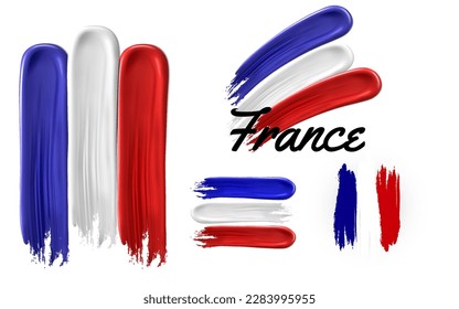 Set of France flags made from brush stroke or finger stroke. Realistic vector logos