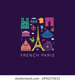 set of france landmark icons royalty free vectors illustration art for Logo, T shirt, banner, card design