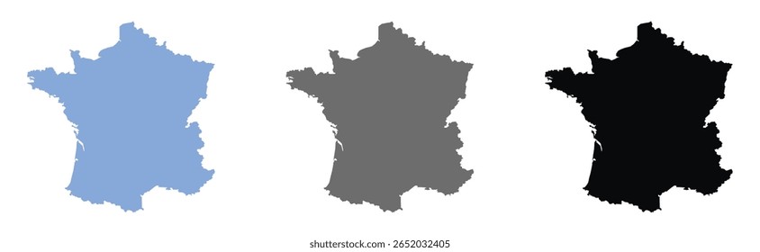 Conjunto de França mapa em estilo plano com três variações de cores: azul claro, cinza e preto. Perfeito para geografia, infográfico, uso de design. Isolado no fundo branco.
