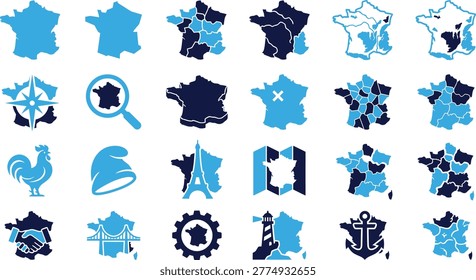 Set of France map icons: compass, magnifying glass, Eiffel Tower, windmill, bridge, anchor, handshake, rooster, smurf hat, map, gear, lighthouse.