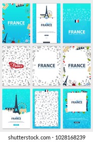 Set of France and Paris travel banners. With flat and doodle elements. Doodles background. Vector illustration