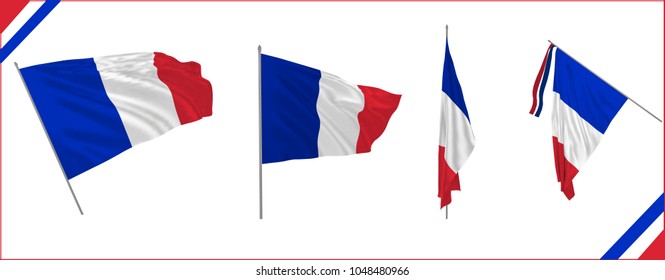 Set of France state waving flags in solemn style. Vector illustration.