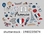 set of of France stickers. French doodles isolated on grey background. Good for prints, icons, logos, posters, cards, etc. Bastille day theme. EPS 10