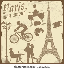 Set of France symbols on retro poster, vector illustration