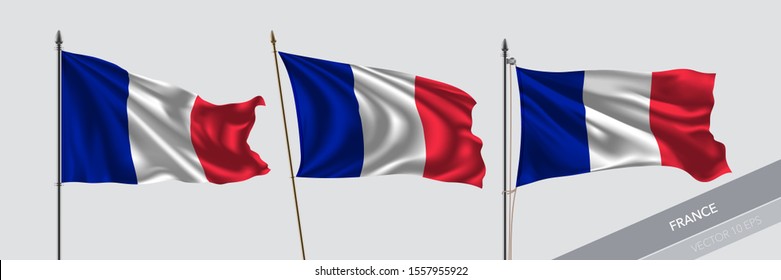 Set of France waving flag on isolated background vector illustration. 3 French wavy realistic flag as a symbol of patriotism 