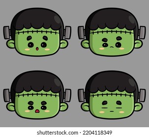 Set of Frankenstein Facial Emotions. Emoticon Vector illustration in cartoon style.