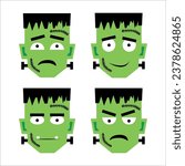 Set of frankenstein facial emotions. Vector illustration in cartoon style. Cute Zombie Illustrations for kids. Halloween horror creature green face vector.