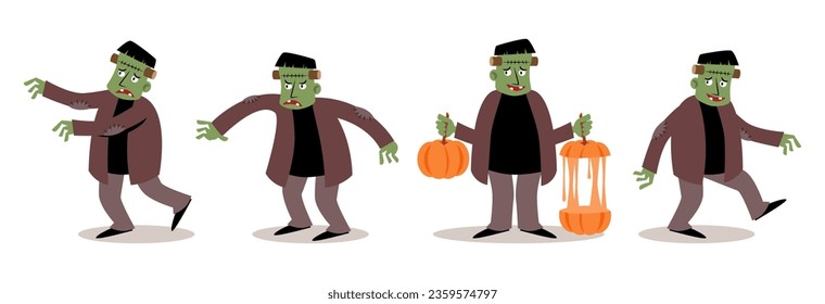 Set of Frankenstein . Halloween cartoon characters . White isolate background . Vector .