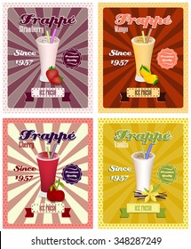 Set of frappe poster vector illustrations, drinking strew and glass in vintage style.