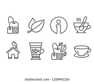 Set of Frappe, Tea cup and Tea bag icons. Mint bag, Mint leaves and Espresso signs. Cold drink, Coffee with spoon, Brew hot drink. Mentha herbal, Coffee cup.  Information and Home design elements