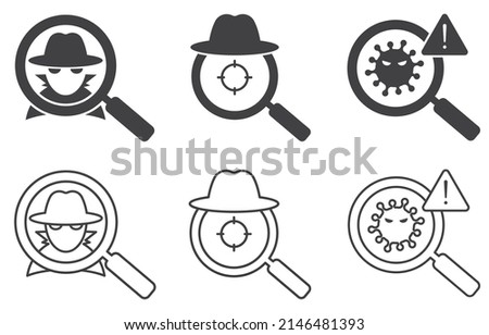 Set of fraud detection or hacker detection icons. Hacker, fraud investigation sign. Computer virus detection, scanning with a magnifying glass. Malware symbol, scam. Vector.