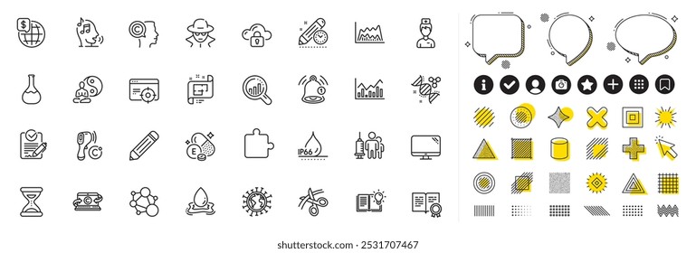 Set of Fraud, Integrity and Writer line icons for web app. Design elements, Social media icons. Chemistry lab, Waterproof, Voicemail icons. Rfp, Scissors, Trade chart signs. Vector