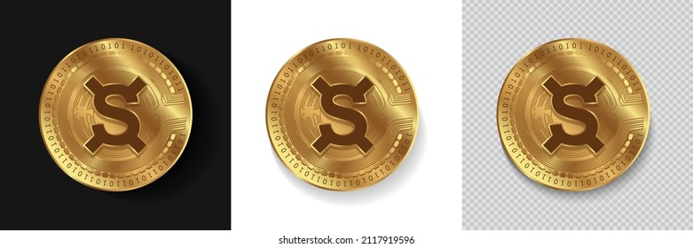 Conjunto de logotipo de criptodivisa Frax Share FXS en la ilustración vectorial de monedas doradas aisladas en fondo blanco, oscuro y transparente. Se puede utilizar como etiqueta de marca criptográfica, icono, insignia y gráfico de sitios web