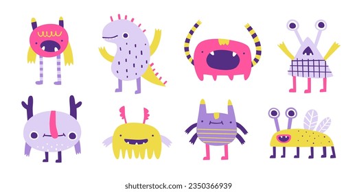 Set of freaky doodle monsters. Vector collection of abstract drawing beasts for kids. Weird cartoon monsters bundle.