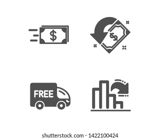 Set of Free delivery, Money transfer and Cashback icons. Decreasing graph sign. Shopping truck, Cash delivery, Receive money. Column chart.  Classic design free delivery icon. Flat design. Vector