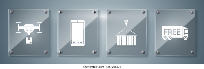 Set Free delivery service , Container on crane, Mobile phone with app delivery tracking and Delivery drone with the package . Square glass panels. Vector