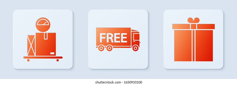 Set Free delivery service , Scale with cardboard box  and Gift box . White square button. Vector