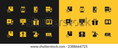 Set Free delivery service, Stacks paper money cash, Gift box, Auction hammer, Buy button, Mobile with dollar, Cardboard discount and shopping icon. Vector