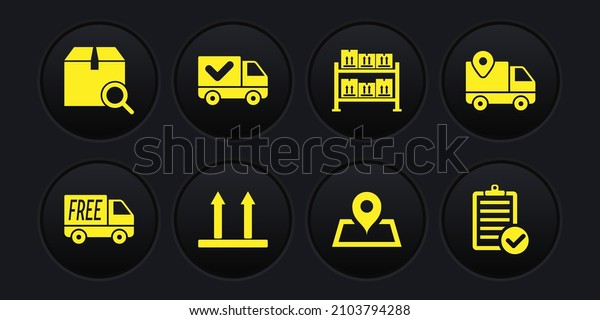 Set Free delivery service,
Delivery tracking, This side up, Placeholder on map, Warehouse,
truck with check mark, Verification of list and Search package
icon. Vector