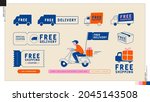Set of free delivery, free shipping icons. Truck, scooter, parcel and coupon illustration in cartoon style.