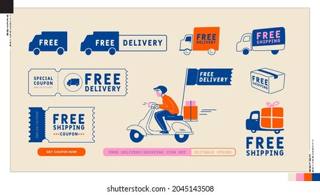 Set of free delivery, free shipping icons. Truck, scooter, parcel and coupon illustration in cartoon style.