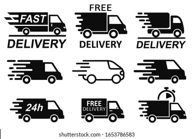 Set free delivery signs, free and fast shipping service icons. Express delivery trucks icons set, shipment vans pack, courier transport, distribution and logistic isolated collection signs