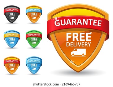 Set of Free Delivery symbols. - Blue, orange, green, red, black sign with car icon. Badge with truck. Vector design emblem. Guarantee 100% satisfaction label.