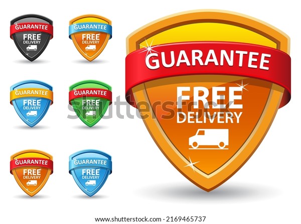 Set of Free Delivery symbols. -\
Blue, orange, green, red, black sign with car icon. Badge with\
truck. Vector design emblem. Guarantee 100% satisfaction\
label.