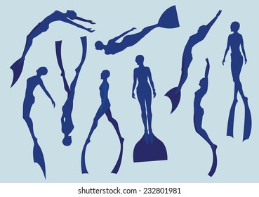 Set of free divers silhouette. Underwater sport.