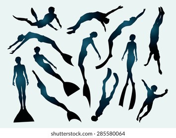 Set of free divers silhouette. Underwater sport.