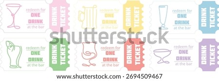 set of free drink coupons with various glasses and drinks in line art style, for purchases, promotions or for promotional materials for the bar