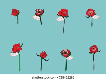 Set of free form roses pattern in hand drawn style on blue background.