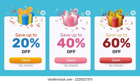 Set of free gift notification pop up banner with discount offer. Professional web design, mobile ui elements. User-friendly design materials. Vector EPS 10