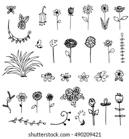 set of free hand drawing sketch flower doodle vector on white background