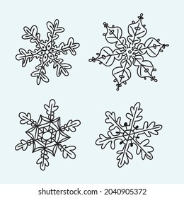 Set of free hand drawing style Snowflakes element. Winter holyday Transporent with black contur decorating shape set of 4