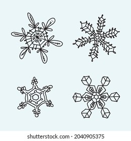 Set of free hand drawing style Snowflakes element. Winter holyday Transporent with black contur decorating shape set of 4