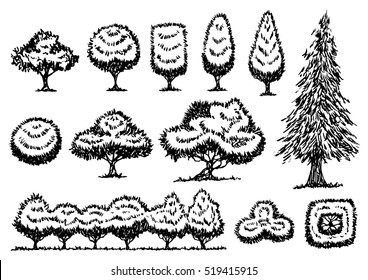 set of free hand drawing trees, vector illustration design