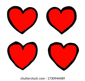 set of free hand drawn isolated red hearts on white background