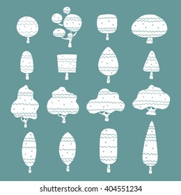 set of free hand drawn trees cartoon character, vector illustration design