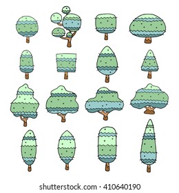 set of free hand drawn trees cartoon character, vector illustration design