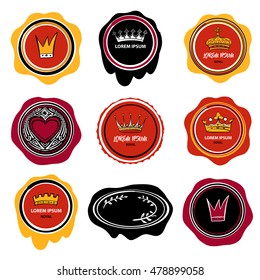 Set of free hand drawn vector stamp with crown and heart isolated on white background. Icon with crown for retro design stamp.