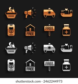 Set Free home delivery, Humanitarian ship, Medicine bottle and pills, sign, Donation charity, Emergency car, food box and Megaphone icon. Vector