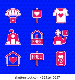 Set Free home delivery, sign, Donation and charity, Teacher, Shelter for homeless, Emergency medical tent, Clothes donation and Humanitarian aid icon. Vector