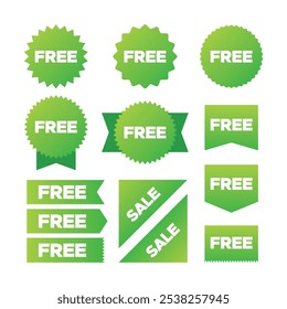 Set of free labels, free badge, free tag price symbol, flat green vector illustration