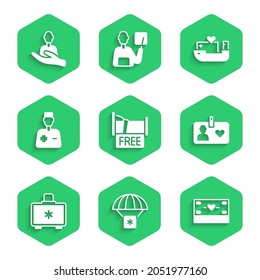 Set Free overnight stay house, Humanitarian aid, Donation and charity, Volunteer card or badge, First kit, Male doctor, ship and Caring for people icon. Vector
